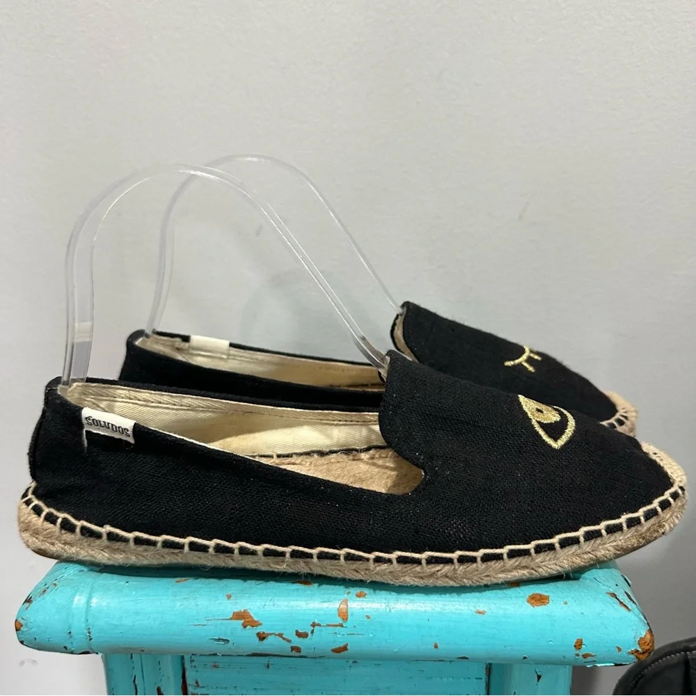 Soludos Jason Polan Gold Embroidered Wink Espadrille Black Size 8